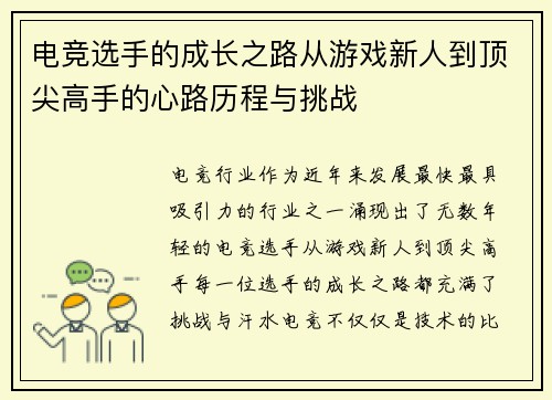 电竞选手的成长之路从游戏新人到顶尖高手的心路历程与挑战